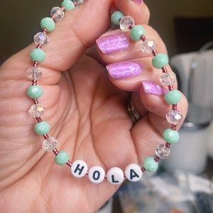 HOLA Letter Beaded Bracelet Mint Green, Clear & Metallic Pink Beads